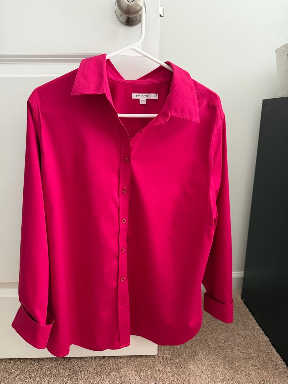 Like New Chico's Satin Button-Down Shirt in Vibrant Fuchsia
